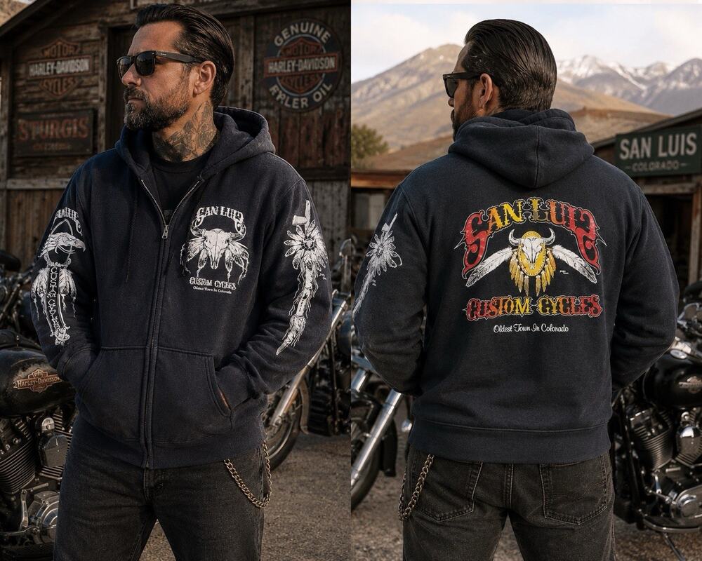 Vintage San Luis Custom Cycles Hoodie Large Biker Chopper Colorado Full Zip